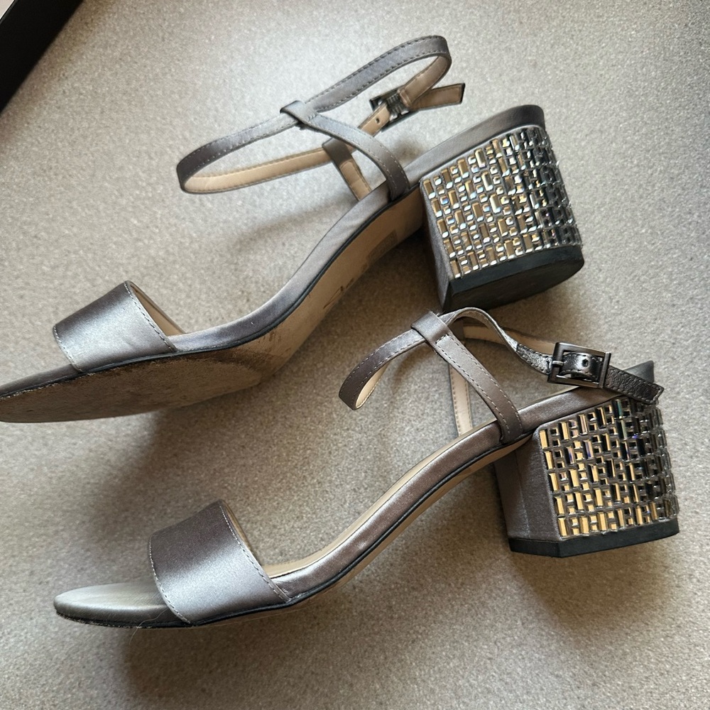 Pelle Moda Alicia Pewter satin sandals. Worn once for my son’s wedding.